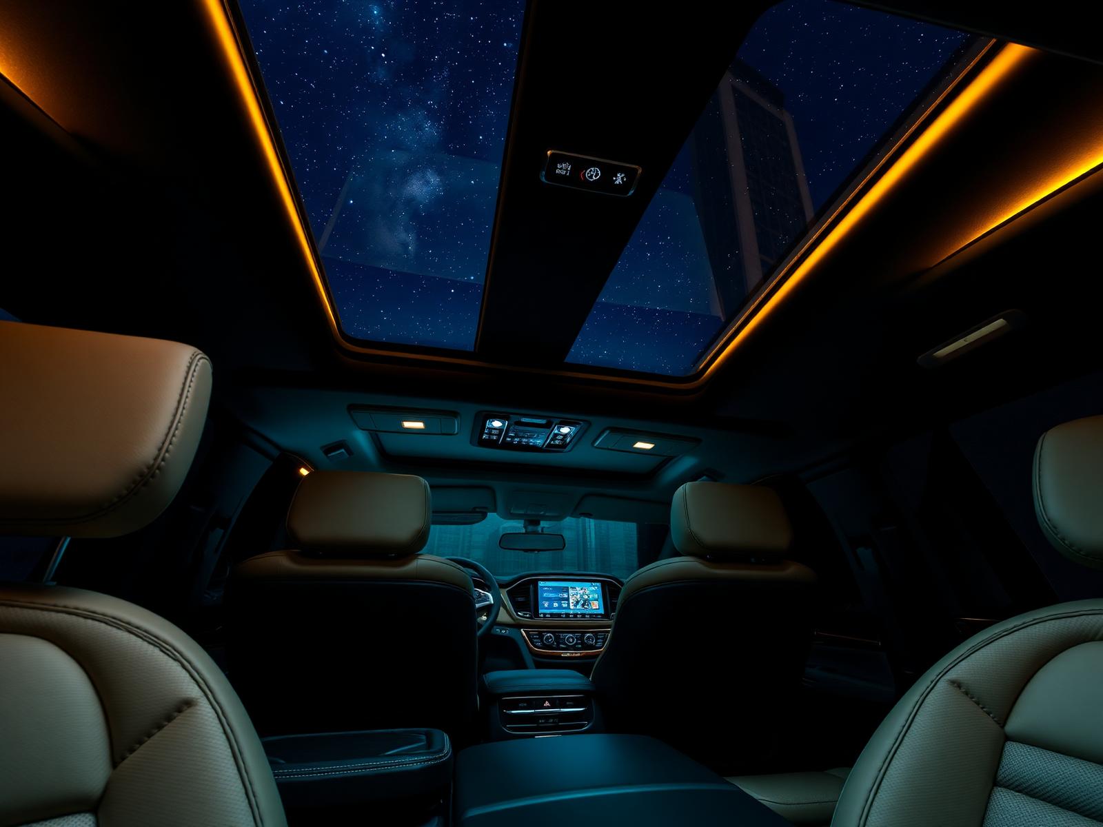 Luxury SUV interior with ambient lighting and panoramic moonroof